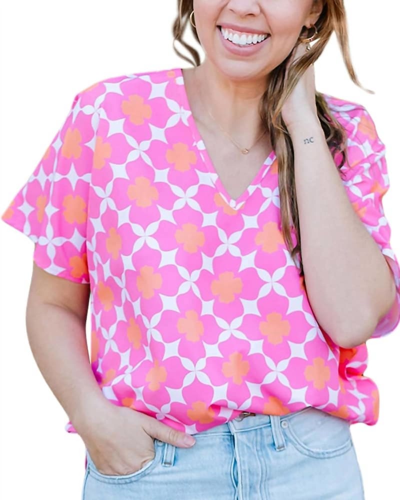 Front of a model wearing a size XXL Anderson Top in Dainty Days Pink in Dainty Days Pink by MICHELLE MCDOWELL. | dia_product_style_image_id:332476